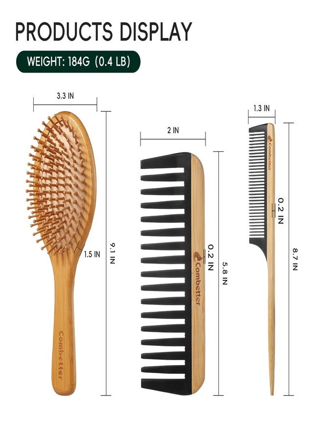 Combetter Bamboo Hair Brush and Comb Set, Massage Scalp Detangling Hairbrush for Hair Growth, Bakelite Durable Anti Static Wide-Tooth Comb & Rat Tail Comb for Women, Men, Kid - Image 4